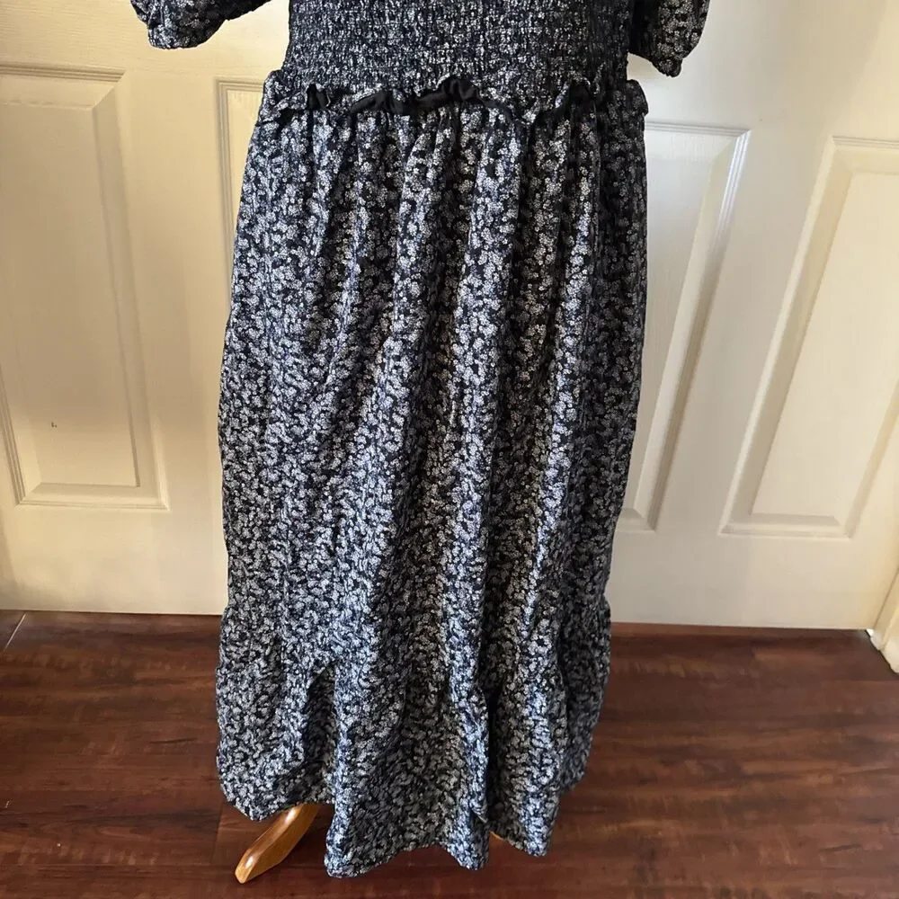 Smocked Puff Sleeve Floral Maxi Dress Womens Medium‎ Blue Cottagecore Pockets